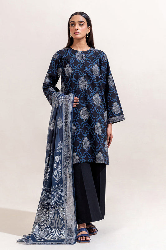 3 PIECE PRINTED LAWN SUIT-NAVY NOIR (UNSTITCHED)