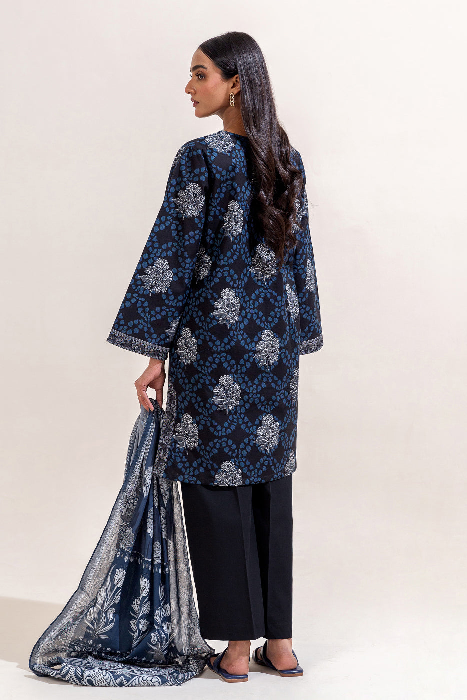 3 PIECE PRINTED LAWN SUIT-NAVY NOIR (UNSTITCHED)