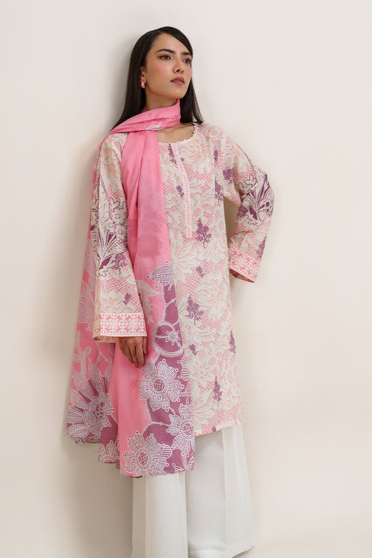 3 PIECE PRINTED LAWN SUIT-COLOR CRUSH (UNSTITCHED)