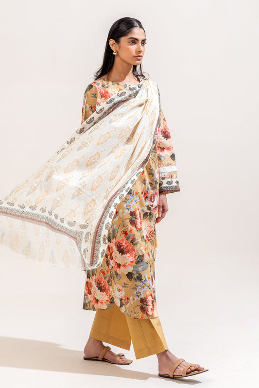 3 PIECE PRINTED LAWN SUIT-MUSTARD ORCHID (UNSTITCHED)