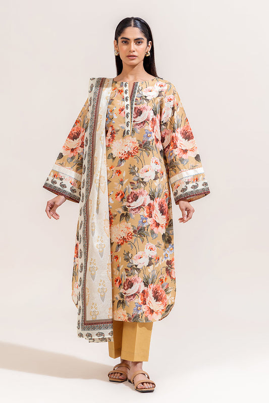 3 PIECE PRINTED LAWN SUIT-MUSTARD ORCHID (UNSTITCHED)