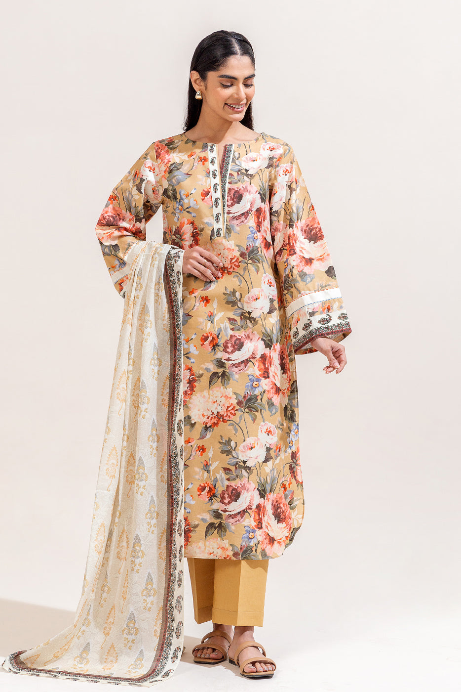 3 PIECE PRINTED LAWN SUIT-MUSTARD ORCHID (UNSTITCHED)