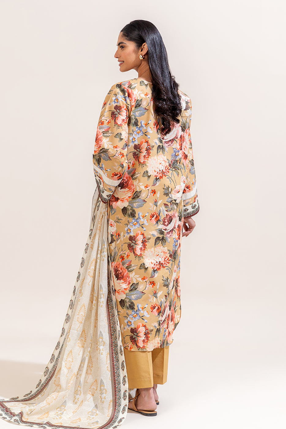 3 PIECE PRINTED LAWN SUIT-MUSTARD ORCHID (UNSTITCHED)