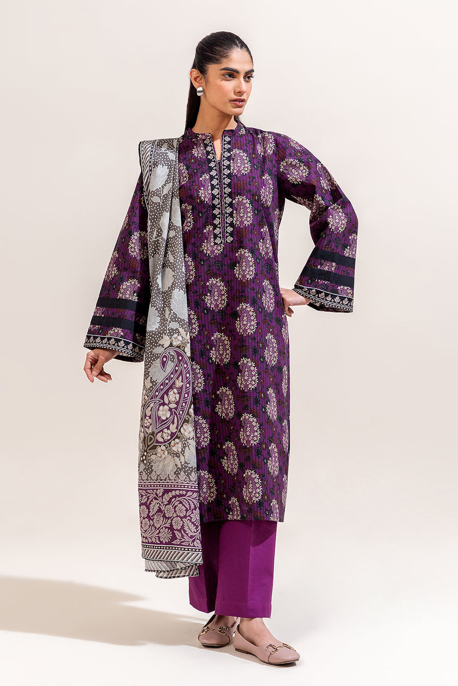 3 PIECE PRINTED LAWN SUIT-VOILET WEFT (UNSTITCHED)