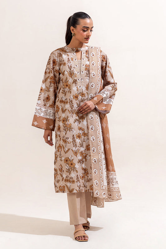 3 PIECE PRINTED LAWN SUIT-PRISTINE BEIGE (UNSTITCHED)