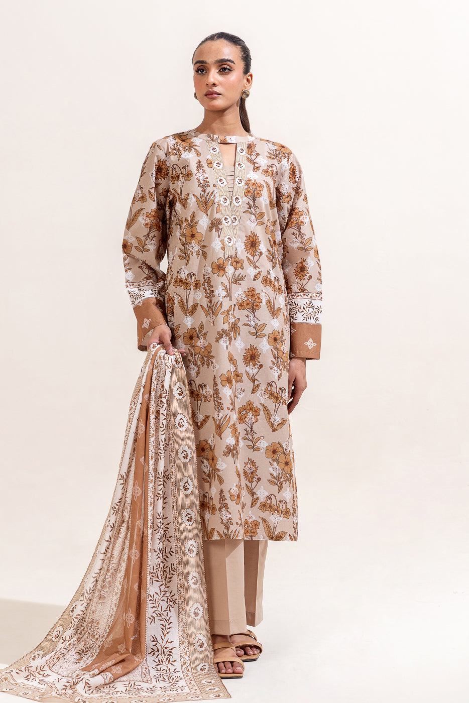 3 PIECE PRINTED LAWN SUIT-PRISTINE BEIGE (UNSTITCHED)