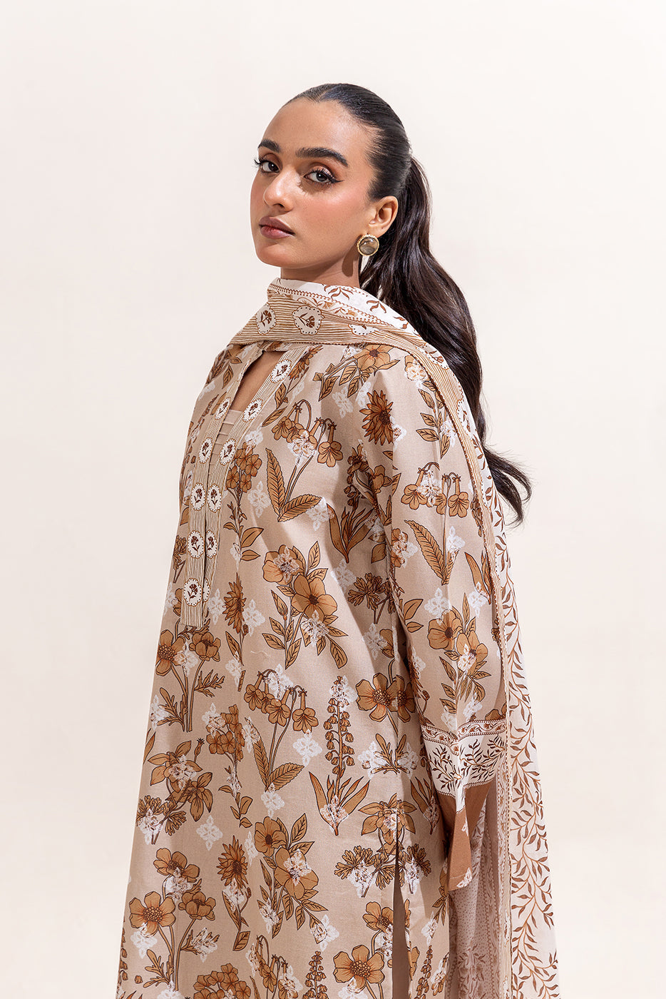 3 PIECE PRINTED LAWN SUIT-PRISTINE BEIGE (UNSTITCHED)