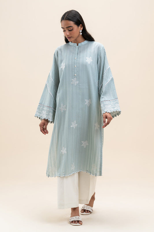 1 PIECE EMBROIDERED LENO KARRA SHIRT-AQUA LUSH (UNSTITCHED)