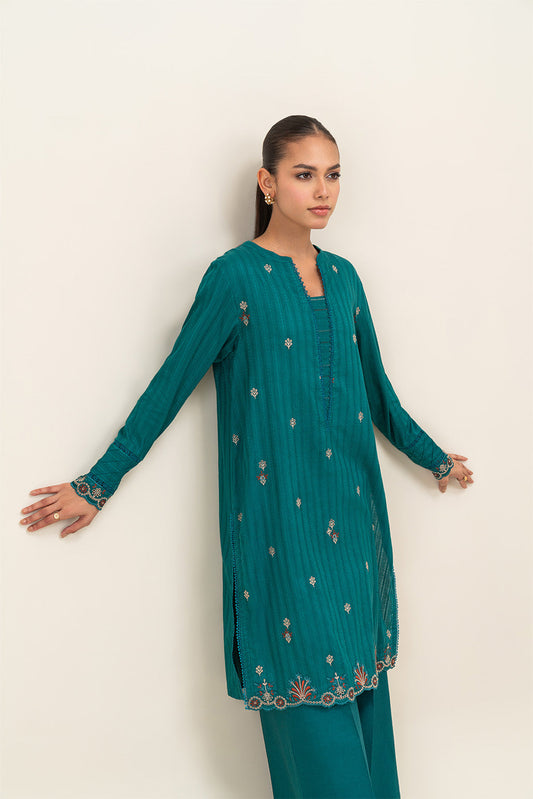 1 PIECE EMBROIDERED LENO SUIT-EMPRESS TEAL (UNSTITCHED)