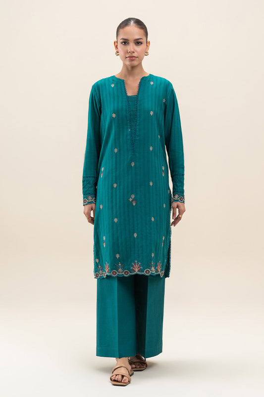 1 PIECE EMBROIDERED LENO SUIT-EMPRESS TEAL (UNSTITCHED)