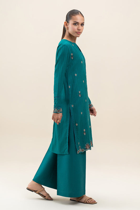 1 PIECE EMBROIDERED LENO SUIT-EMPRESS TEAL (UNSTITCHED)