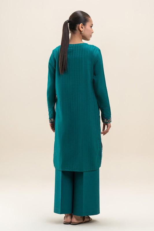 1 PIECE EMBROIDERED LENO SUIT-EMPRESS TEAL (UNSTITCHED)