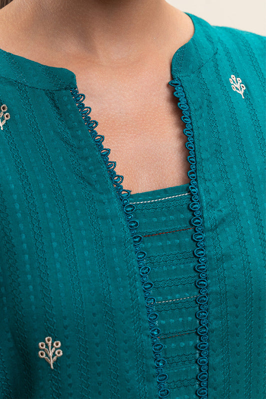 1 PIECE EMBROIDERED LENO SUIT-EMPRESS TEAL (UNSTITCHED)