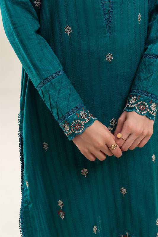 1 PIECE EMBROIDERED LENO SUIT-EMPRESS TEAL (UNSTITCHED)