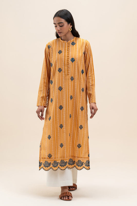 1 PIECE EMBROIDERED LENO KARRA SHIRT-MARIGOLD GRID (UNSTITCHED)