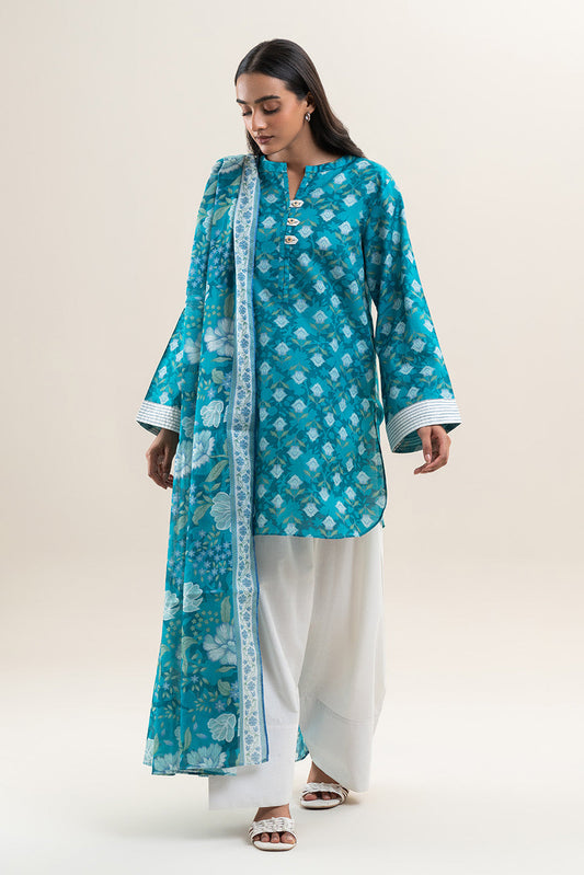 2 PIECE PRINTED LAWN SUIT-TEAL HUES (UNSTITCHED)