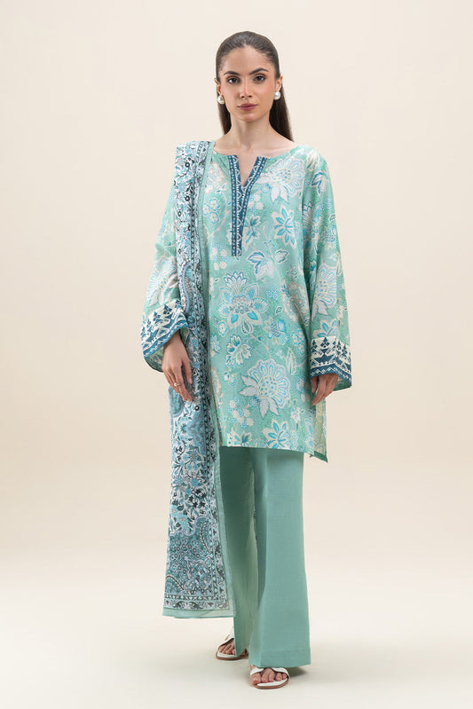 3 PIECE PRINTED LAWN SUIT-TURQUOISE NOISE (UNSTITCHED)