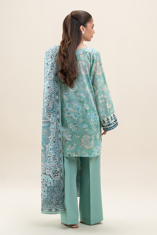 3 PIECE PRINTED LAWN SUIT-TURQUOISE NOISE (UNSTITCHED)