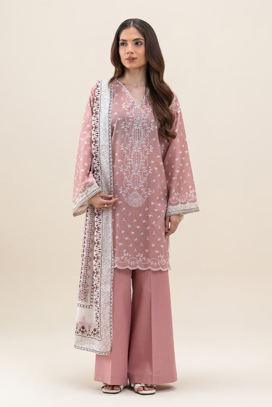 3 PIECE PRINTED LAWN SUIT-PEACH GLOW (UNSTITCHED)