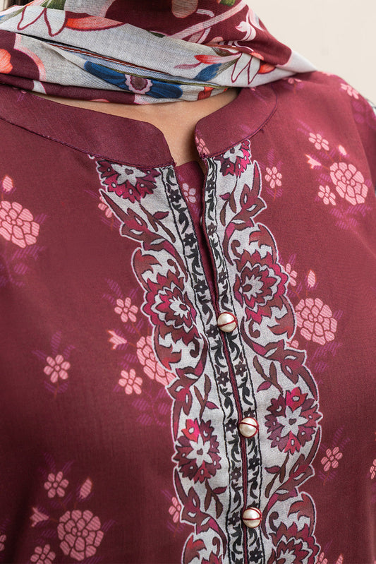3 PIECE PRINTED LAWN SUIT-GARNET BLISS (UNSTITCHED)