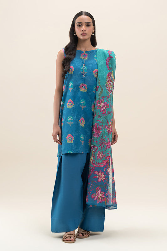 3 PIECE PRINTED LAWN SUIT-AZURE MELLOW (UNSTITCHED)