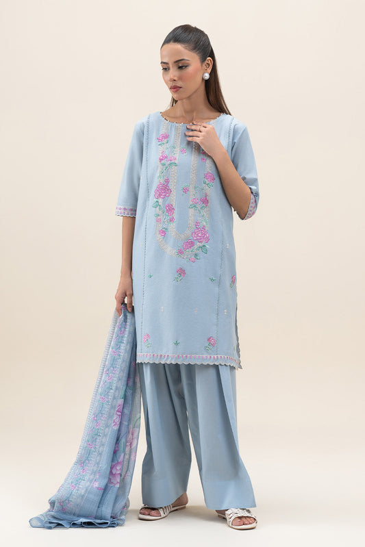 3 PIECE EMBROIDERED LAWN SUIT-CAROLINA BLUE (UNSTITCHED)