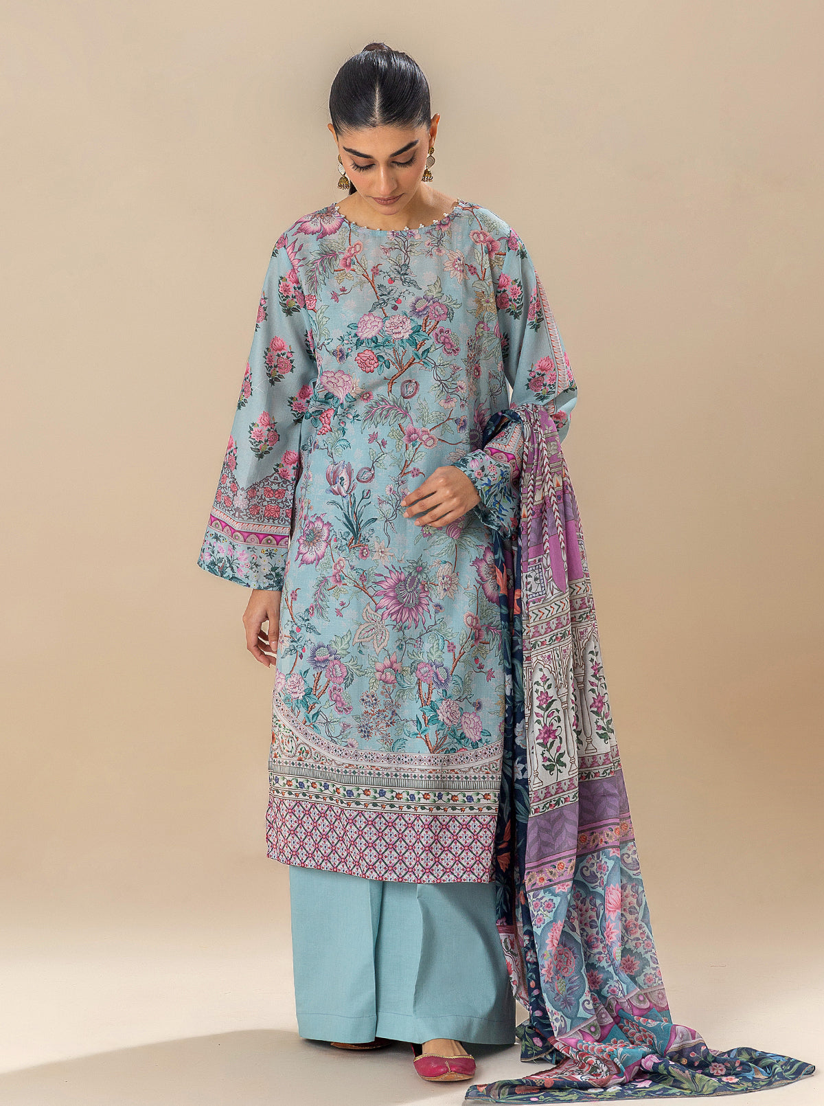 3 PIECE PRINTED LAWN SUIT-SOUL BLUE (UNSTITCHED)