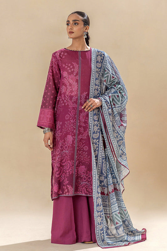 3 PIECE PRINTED LAWN SUIT-WINE WARMTH (UNSTITCHED)