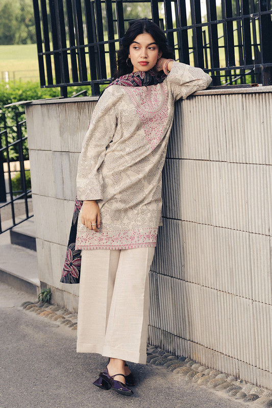 3 PIECE EMBROIDERED SLUB KHADDAR SUIT-LINEAR WEFT (UNSTITCHED)