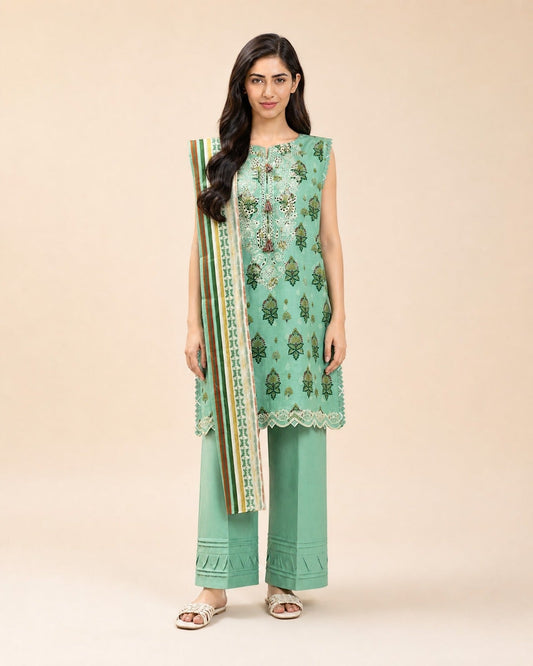 3 PIECE EMBROIDERED LAWN SUIT-FERN MIST (UNSTITCHED)