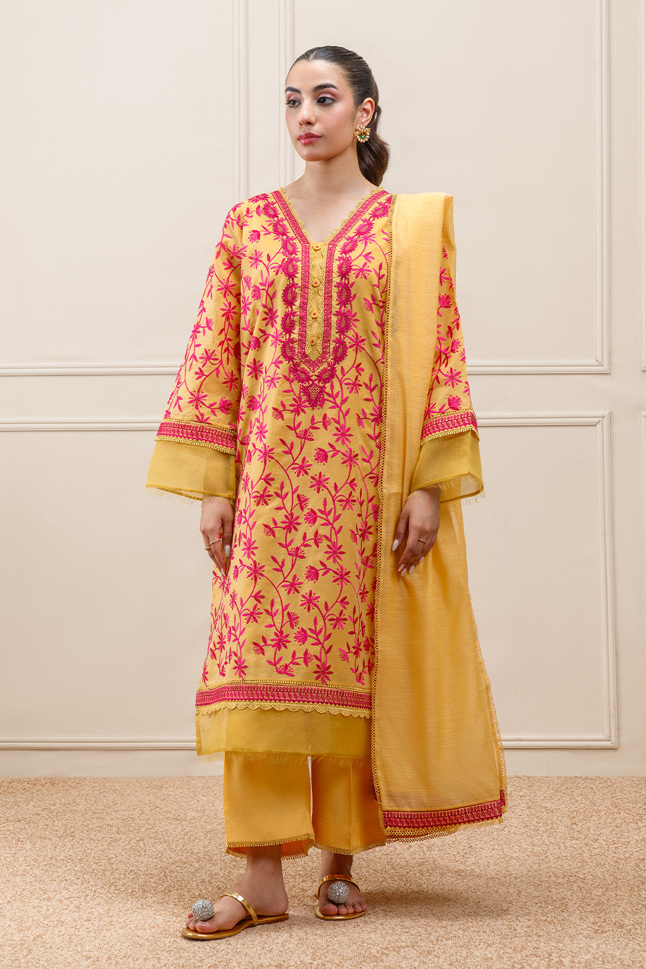 3 PIECE EMBROIDERED PAPER COTTON SUIT (PRET)