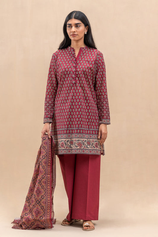 3 PIECE PRINTED LAWN SUIT-SCARLET MIST (UNSTITCHED)