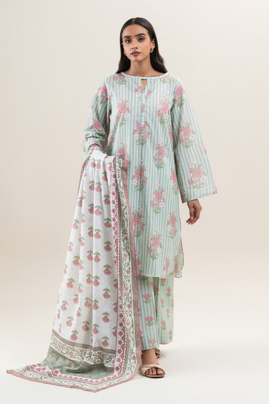 3 PIECE PRINTED LAWN SUIT-MINT BLOOM (UNSTITCHED)