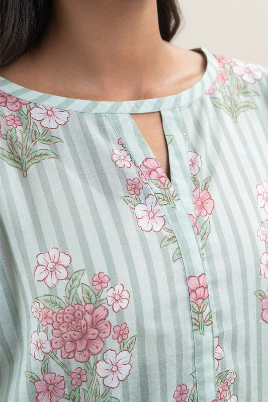 3 PIECE PRINTED LAWN SUIT-MINT BLOOM (UNSTITCHED)