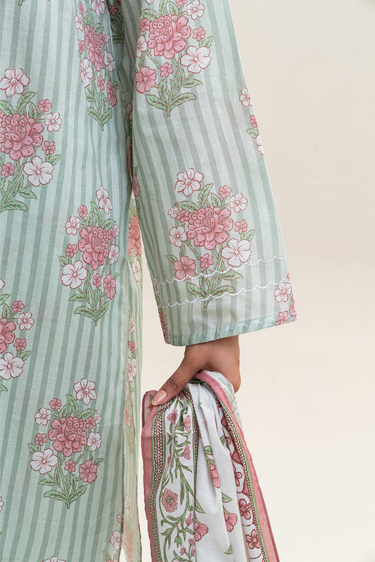 3 PIECE PRINTED LAWN SUIT-MINT BLOOM (UNSTITCHED)