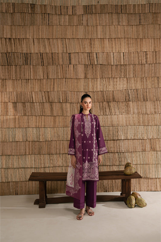 3 PIECE EMBROIDERED LAWN SUIT-PLUM PUFF (UNSTITCHED)