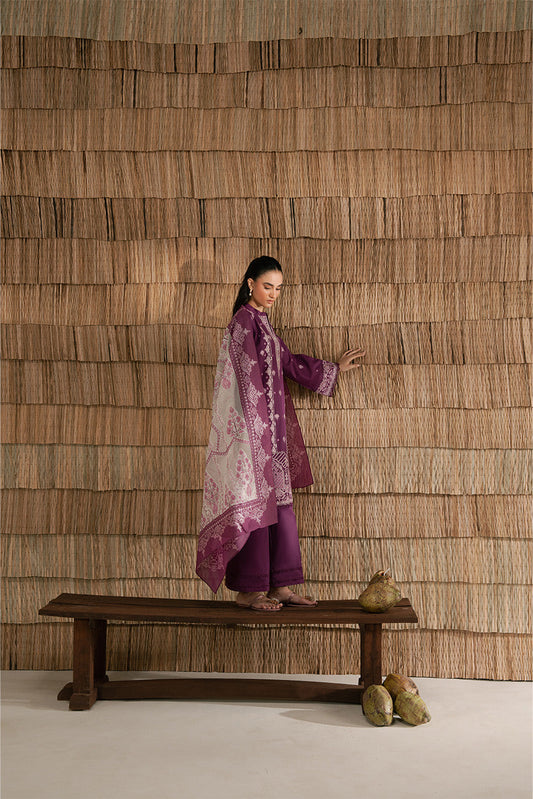 3 PIECE EMBROIDERED LAWN SUIT-PLUM PUFF (UNSTITCHED)