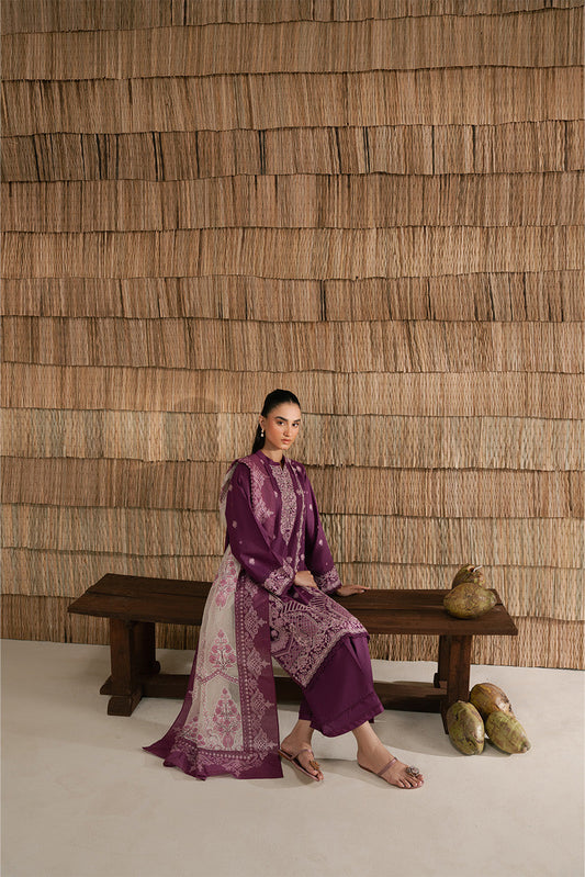 3 PIECE EMBROIDERED LAWN SUIT-PLUM PUFF (UNSTITCHED)
