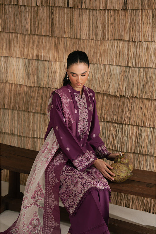3 PIECE EMBROIDERED LAWN SUIT-PLUM PUFF (UNSTITCHED)