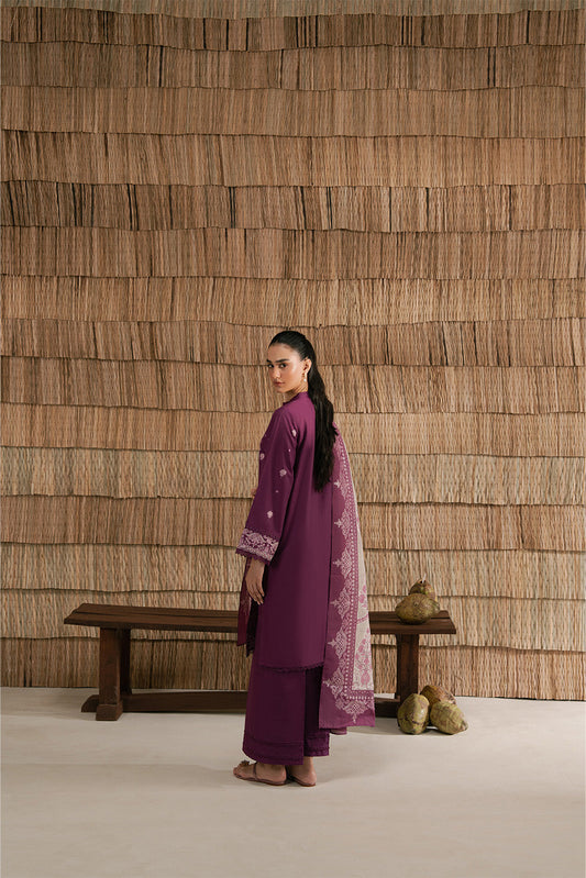 3 PIECE EMBROIDERED LAWN SUIT-PLUM PUFF (UNSTITCHED)