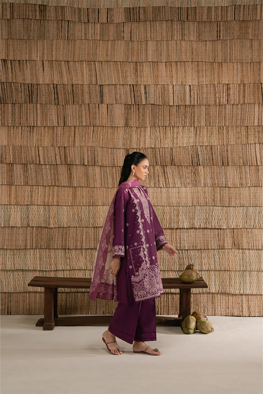 3 PIECE EMBROIDERED LAWN SUIT-PLUM PUFF (UNSTITCHED)