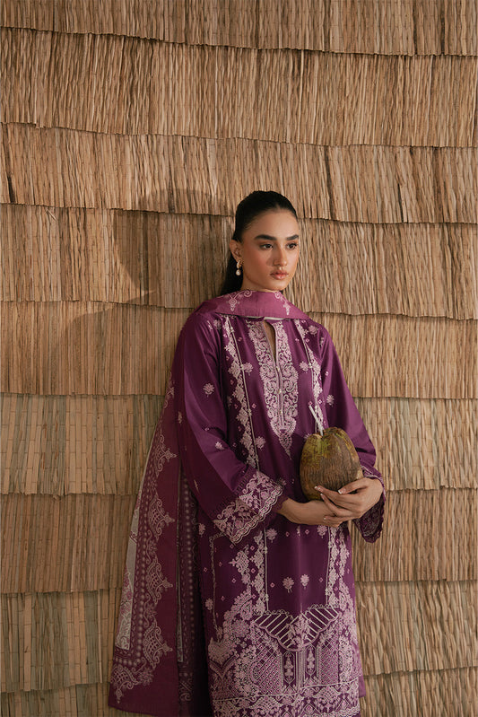 3 PIECE EMBROIDERED LAWN SUIT-PLUM PUFF (UNSTITCHED)