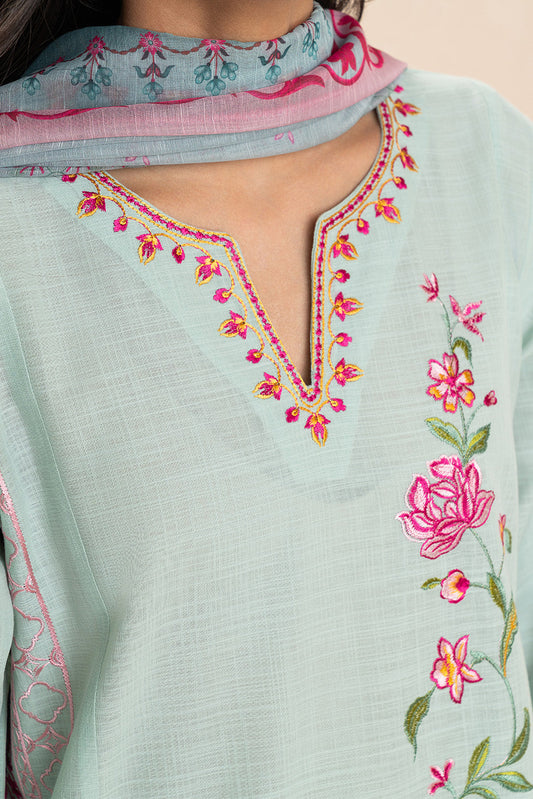 3 PIECE EMBROIDERED TWO WAY SLUB SUIT (PRET)