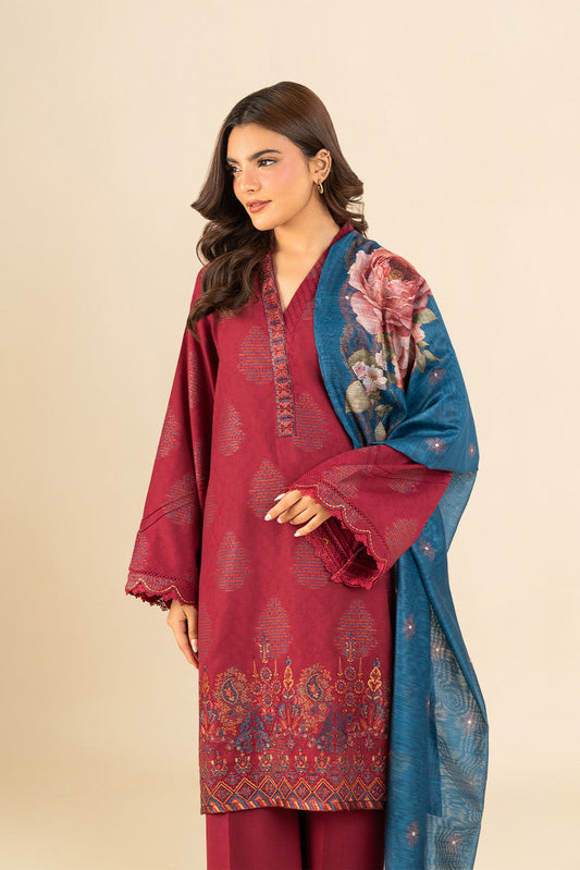 3 PIECE EMBROIDERED  REVERSE JACQUARD SUIT-FUSCHIA DREAM (UNSTITCHED)