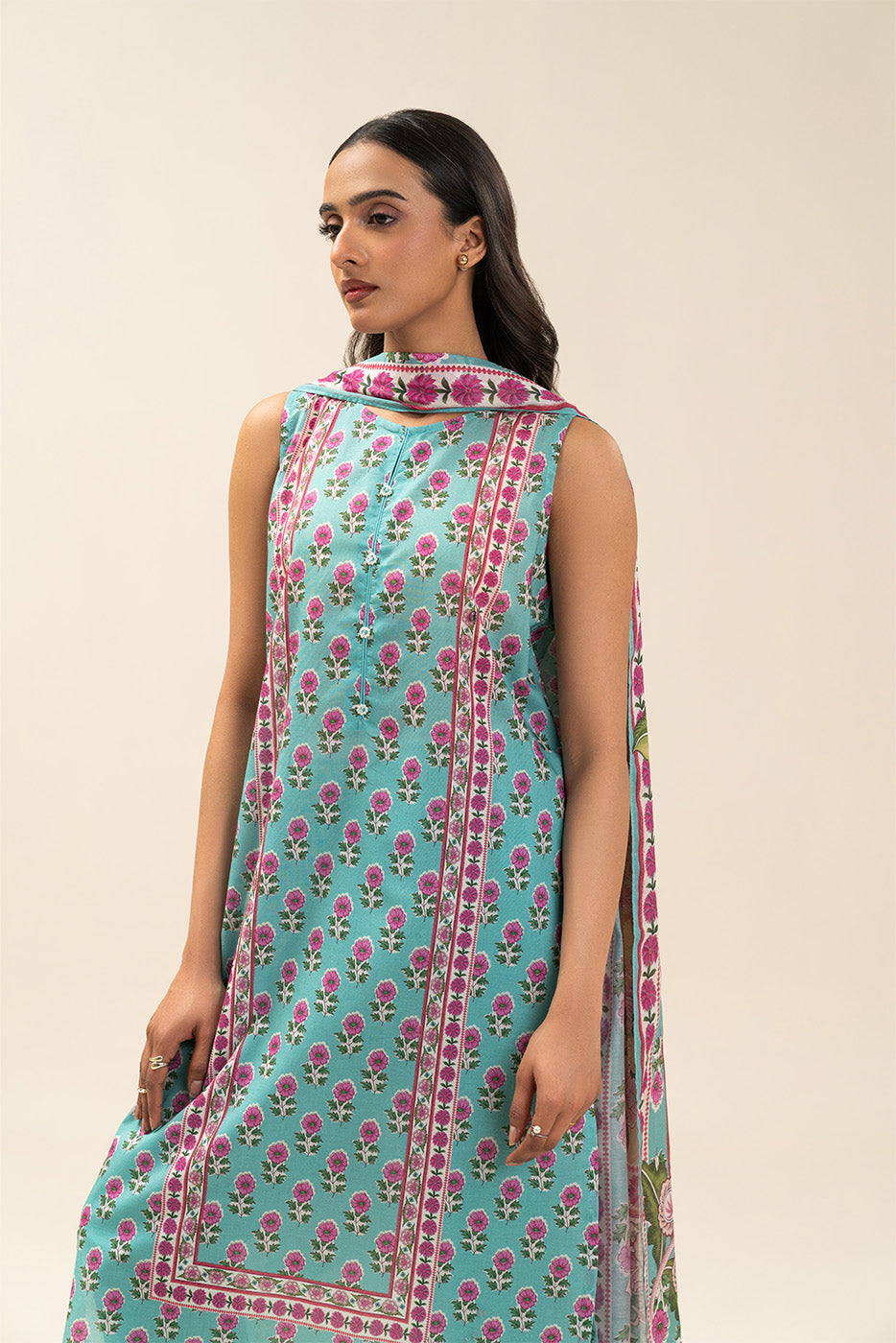 3 PIECE PRINTED LAWN SUIT-CYAN FANTASY (UNSTITCHED)
