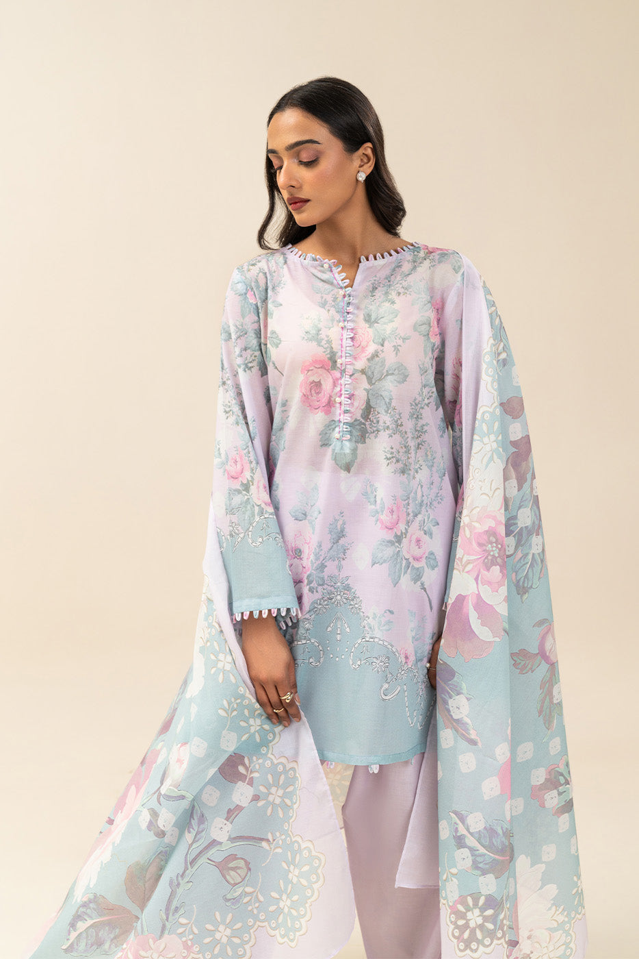 3 PIECE PRINTED LAWN SUIT-IILAC BLUSH (UNSTITCHED)