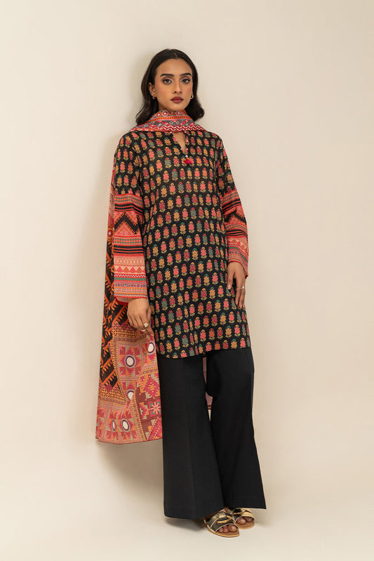 3 PIECE PRINTED LAWN SUIT-BLACK MAZE (UNSTITCHED)