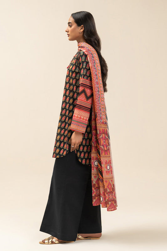 3 PIECE PRINTED LAWN SUIT-BLACK MAZE (UNSTITCHED)