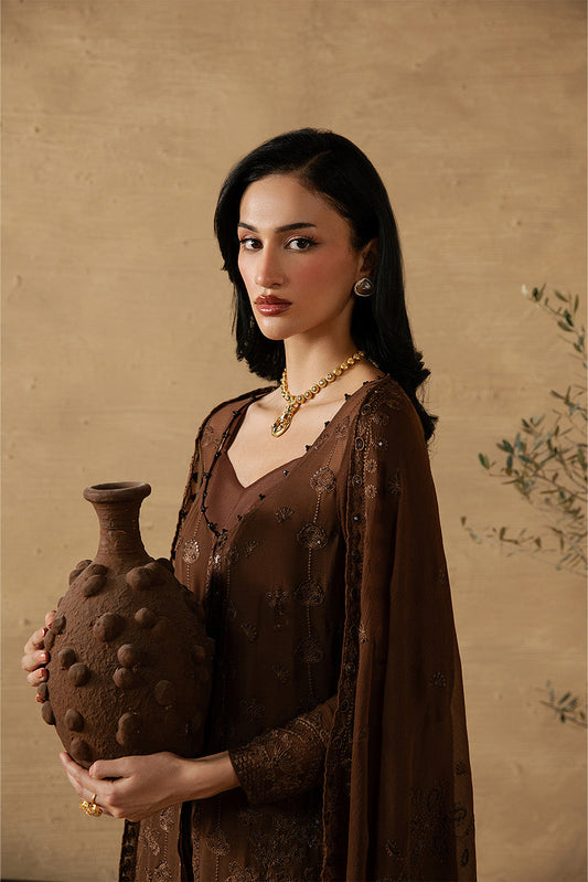 4 PIECE EMBROIDERED CHIFFON SUIT-MOCHA CRÈME (LUXURY UNSTITCHED)