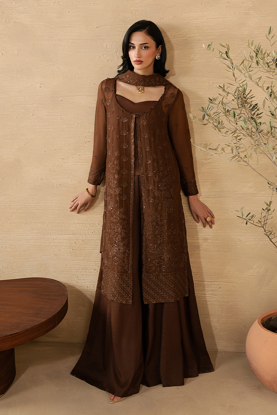 4 PIECE EMBROIDERED CHIFFON SUIT-MOCHA CRÈME (LUXURY UNSTITCHED)